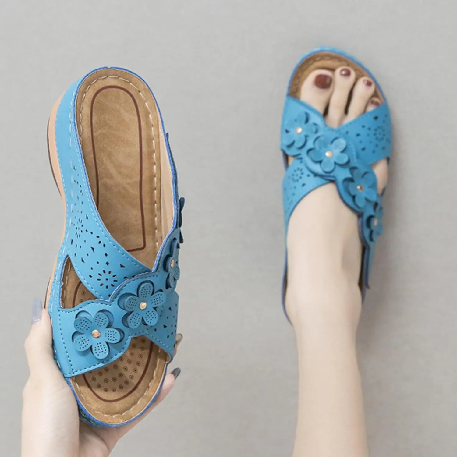 Womens Wedge Sandals Summer Flower Orthopedic Sandals for Women, Comfortable Open Toe Cross Strap Platform Wedges, Casual Slip on Walking Slippers with Arch support