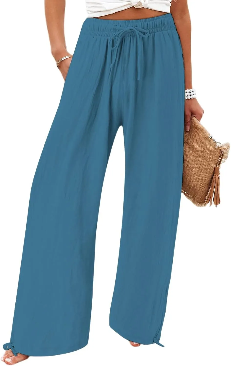 Womens Wide Leg Linen Pants Dressy High Waist Business Pant Drawstring Loose Casual Palazzo Pants Flowy Beach Pant