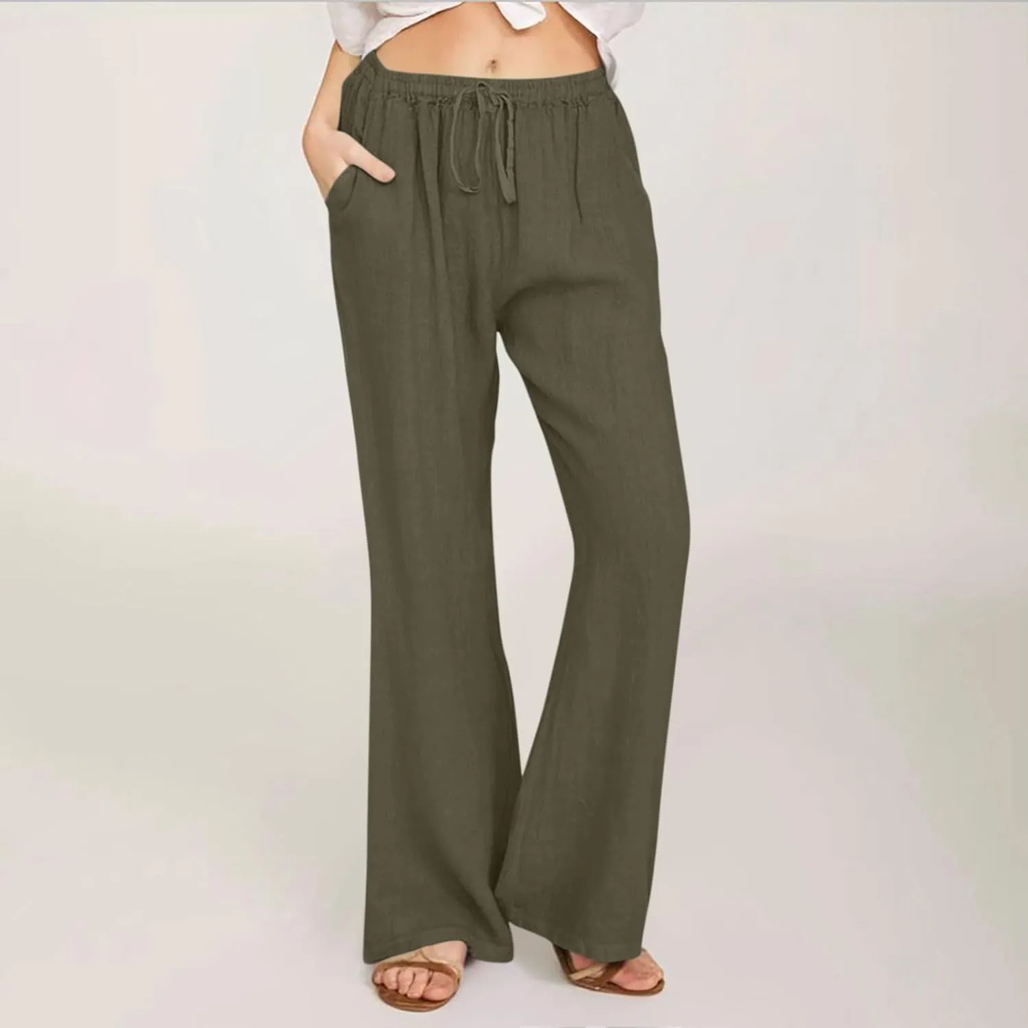 Womens Wide Leg Palazzo Pants Cotton Linen Elastic High Waist Pull-On Summer Casual Trousers with Pockets