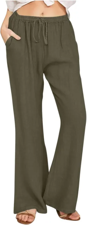 Womens Wide Leg Palazzo Pants Cotton Linen Elastic High Waist Pull-On Summer Casual Trousers with Pockets