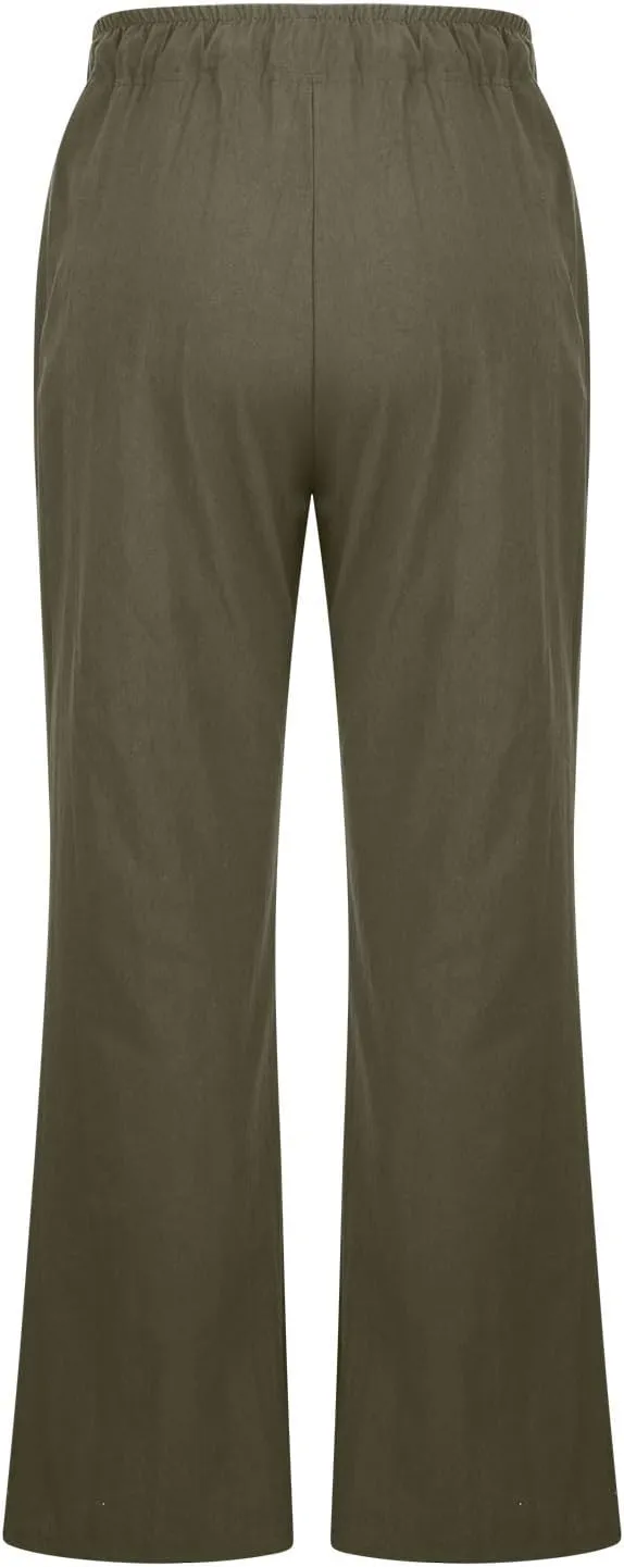 Womens Wide Leg Palazzo Pants Cotton Linen Elastic High Waist Pull-On Summer Casual Trousers with Pockets