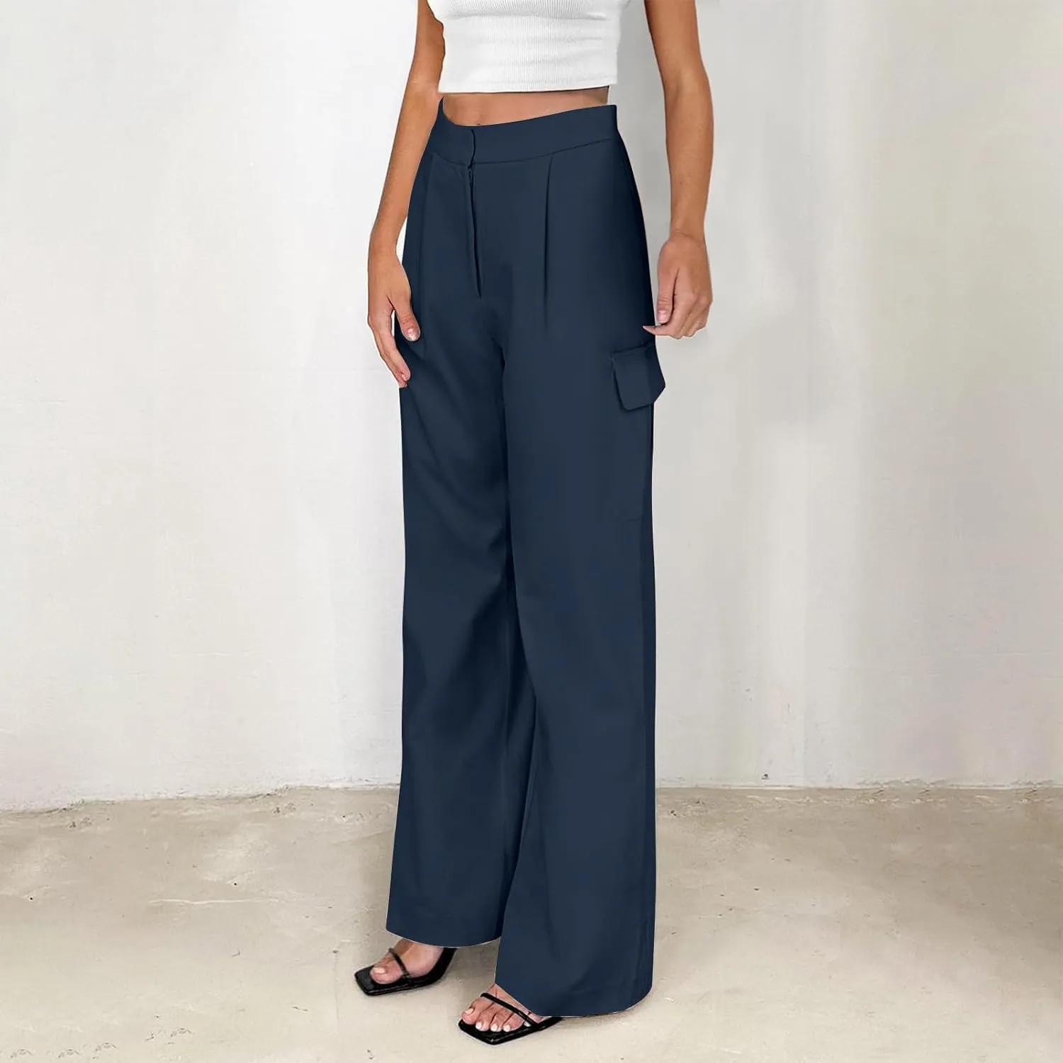 Womens Wide Leg Suit Pants High Waist Business Casual Work Pant Loose Comfy Versatile Dress Trousers with Four Pocket