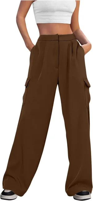 Womens Wide Leg Suit Pants High Waist Business Casual Work Pant Loose Comfy Versatile Dress Trousers with Four Pocket