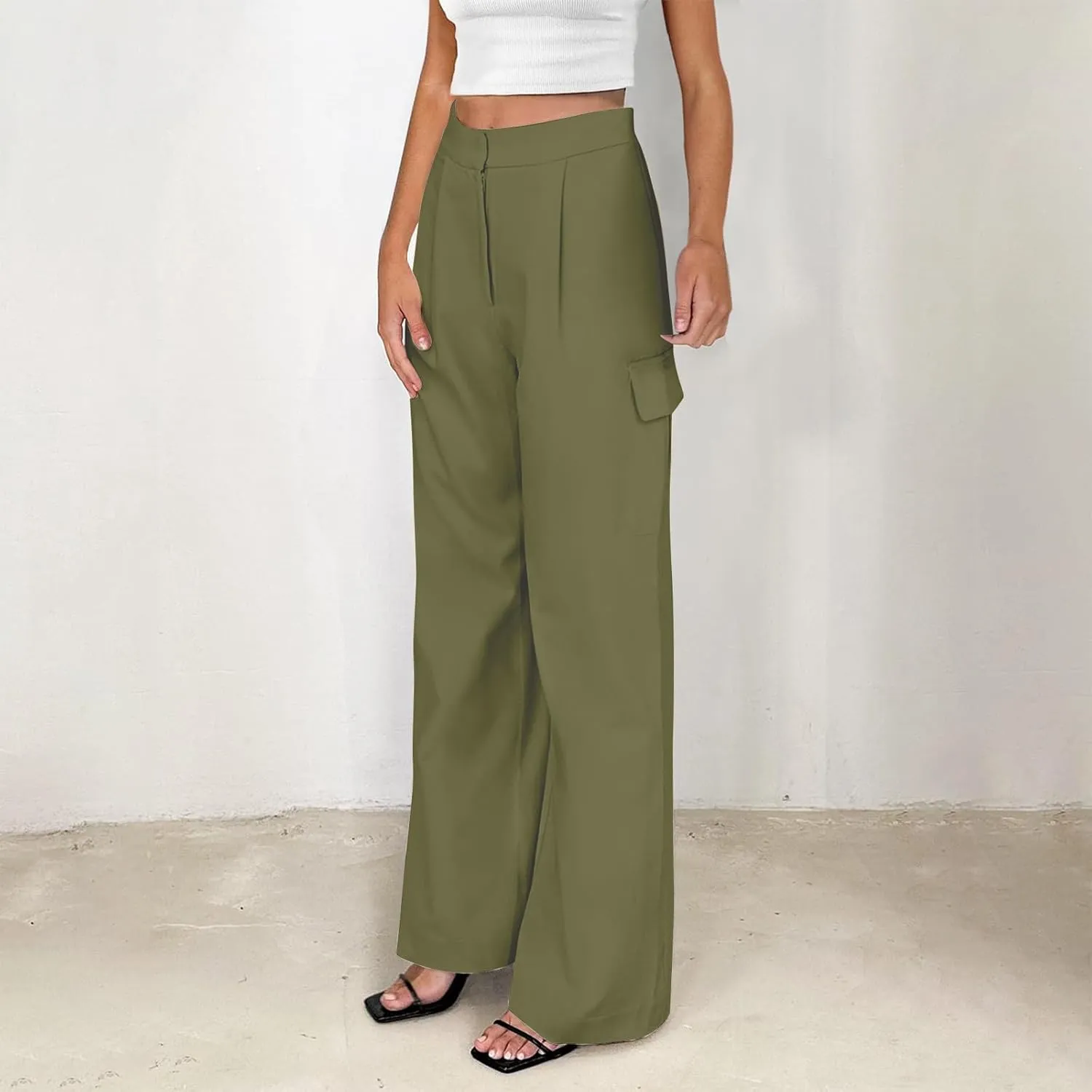 Womens Wide Leg Suit Pants High Waist Business Casual Work Pant Loose Comfy Versatile Dress Trousers with Four Pocket