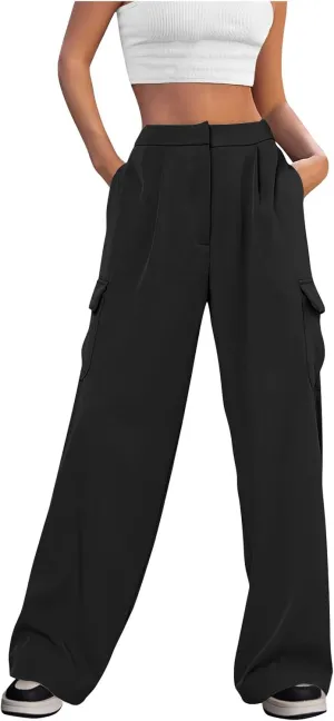 Womens Wide Leg Suit Pants High Waist Business Casual Work Pant Loose Comfy Versatile Dress Trousers with Four Pocket