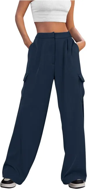 Womens Wide Leg Suit Pants High Waist Business Casual Work Pant Loose Comfy Versatile Dress Trousers with Four Pocket