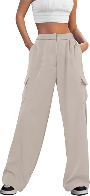 Womens Wide Leg Suit Pants High Waist Business Casual Work Pant Loose Comfy Versatile Dress Trousers with Four Pocket