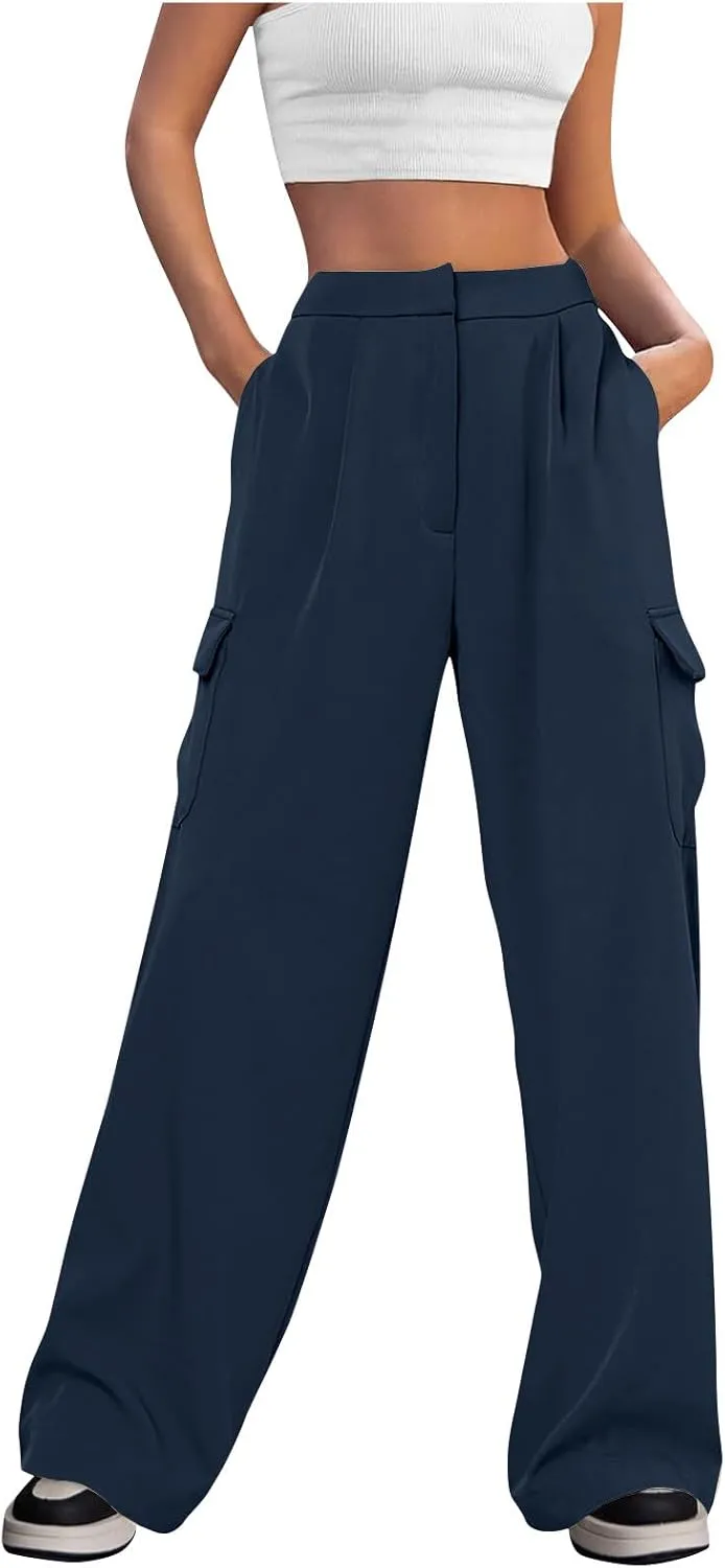 Womens Wide Leg Suit Pants High Waist Business Casual Work Pant Loose Comfy Versatile Dress Trousers with Four Pocket