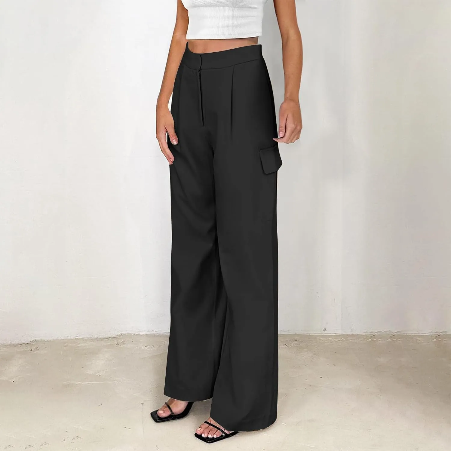 Womens Wide Leg Suit Pants High Waist Business Casual Work Pant Loose Comfy Versatile Dress Trousers with Four Pocket