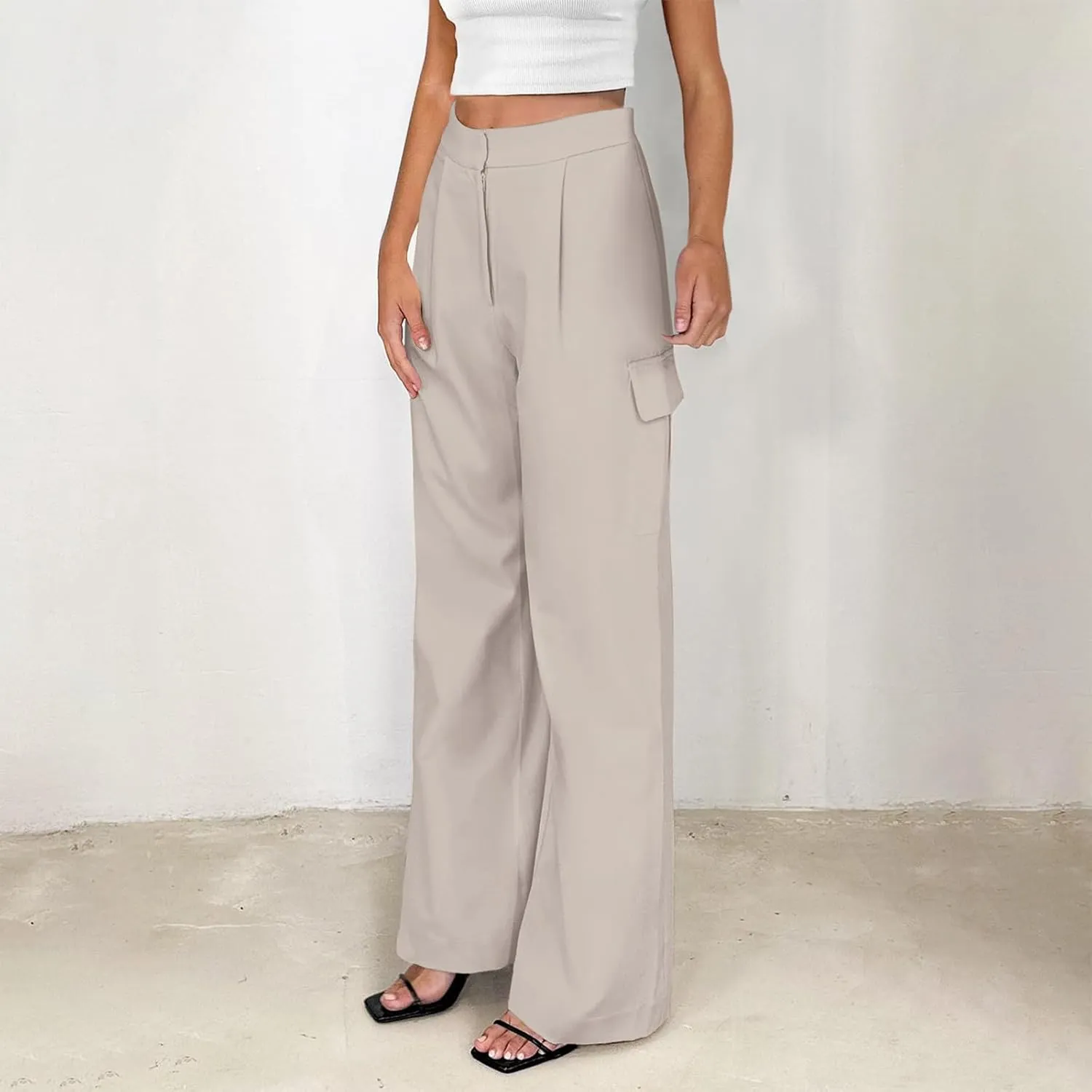 Womens Wide Leg Suit Pants High Waist Business Casual Work Pant Loose Comfy Versatile Dress Trousers with Four Pocket