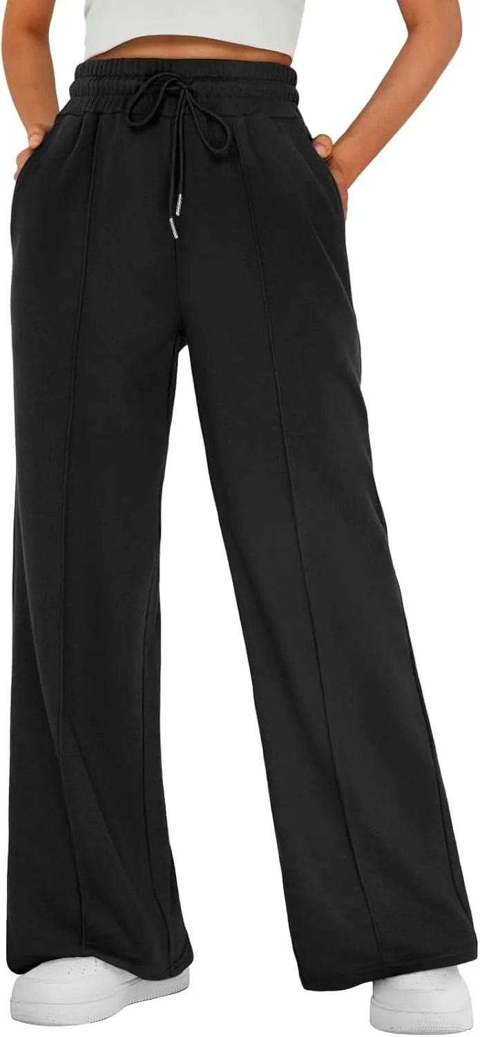 Womens Wide Leg Sweatpants Cozy Fleece Elastic High Waisted Baggy Sweat Pants Soft Drawstring Lounge Pants