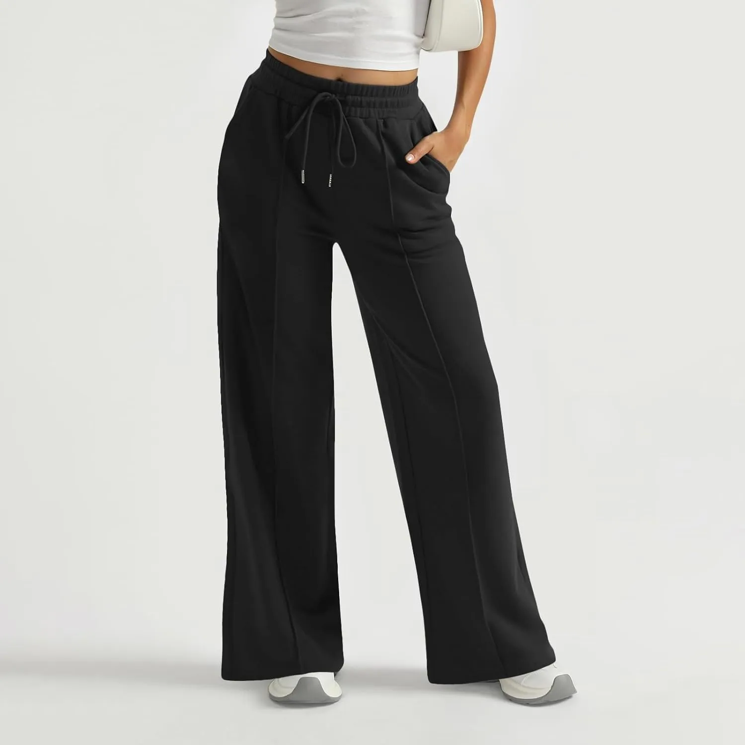Womens Wide Leg Sweatpants Cozy Fleece Elastic High Waisted Baggy Sweat Pants Soft Drawstring Lounge Pants