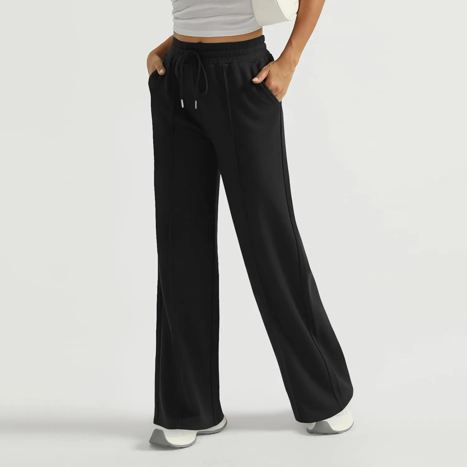 Womens Wide Leg Sweatpants Cozy Fleece Elastic High Waisted Baggy Sweat Pants Soft Drawstring Lounge Pants