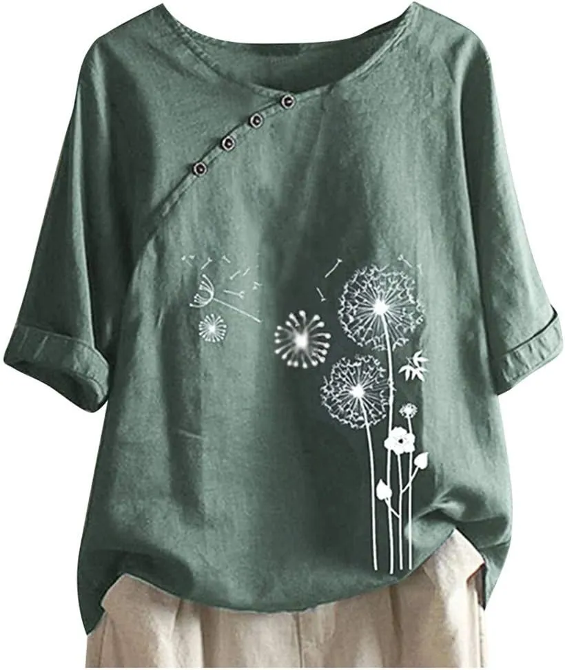 Workout Tops for Women Plus Size Oversized Crew Neck Linen Tops for Women Short Sleeve Cotton Blend Tee Shirts
