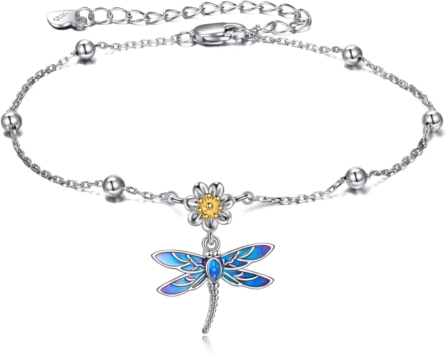YAFEINI Dragonfly Ankle Bracelets Jewelry Christmas Gifts for Women Sterling Silver Dragonfly Flower Anklet Chain Link Anklets with 2.5 inchs Extension Chain