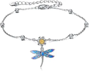 YAFEINI Dragonfly Ankle Bracelets Jewelry Christmas Gifts for Women Sterling Silver Dragonfly Flower Anklet Chain Link Anklets with 2.5 inchs Extension Chain