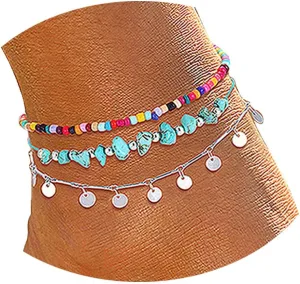 YAHPERN Anklets For Women Color Beads Turquoise Drop Sequin Charm Adjustable Ankle Bracelets Set Boho Multilayer Beach Foot Jewelry