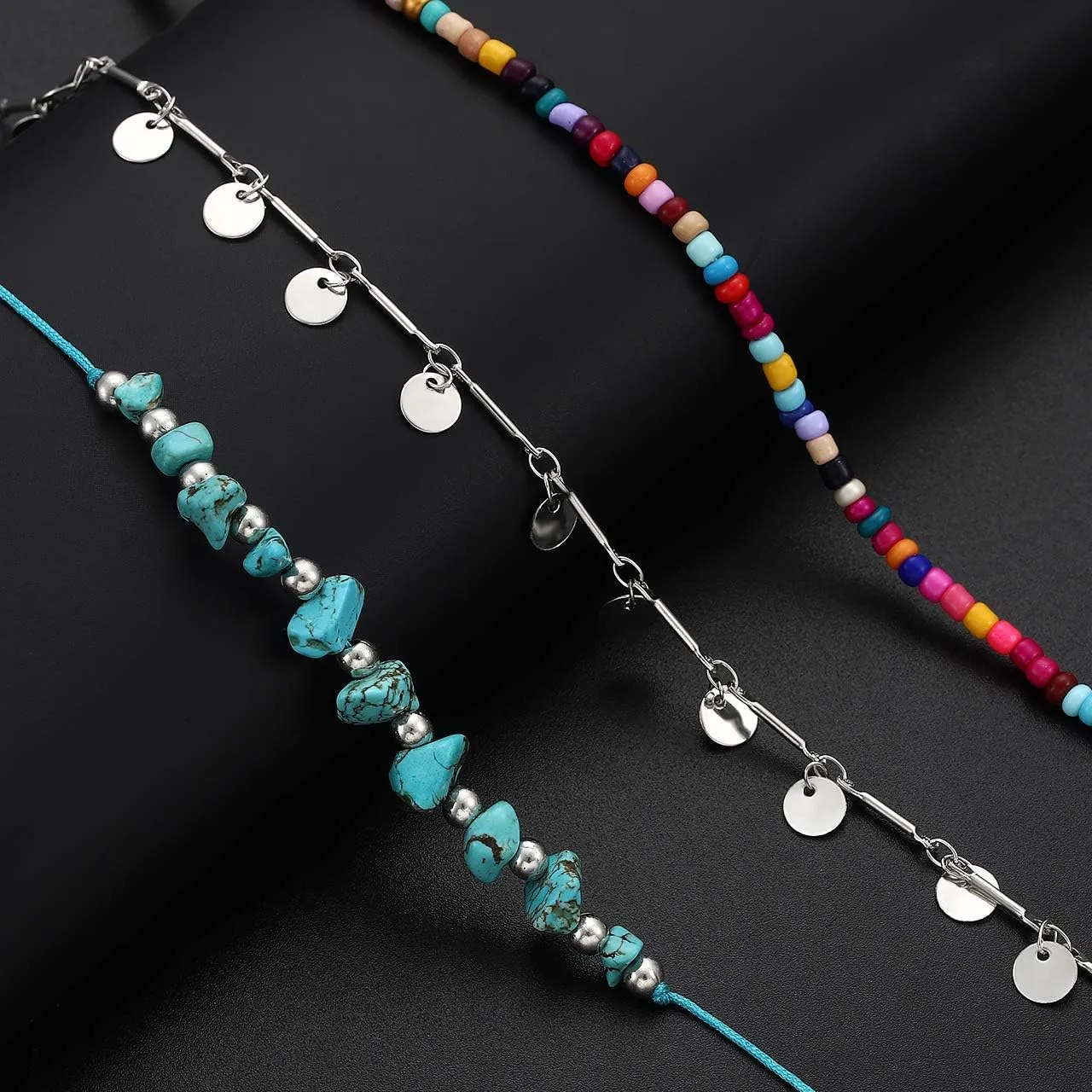 YAHPERN Anklets For Women Color Beads Turquoise Drop Sequin Charm Adjustable Ankle Bracelets Set Boho Multilayer Beach Foot Jewelry