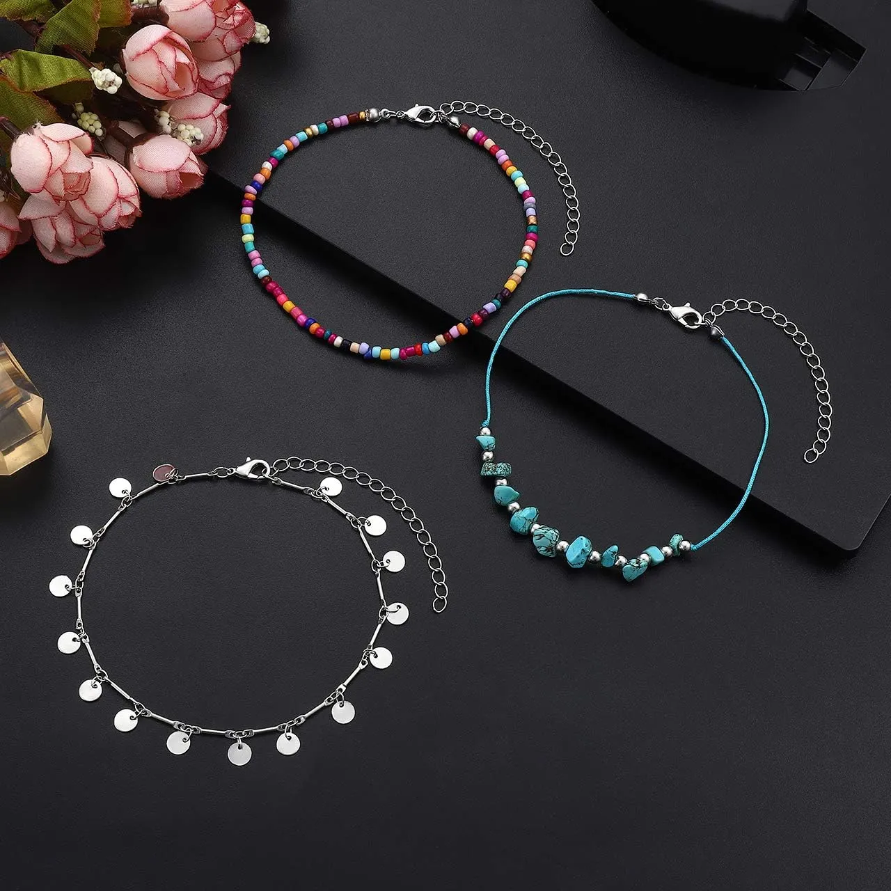 YAHPERN Anklets For Women Color Beads Turquoise Drop Sequin Charm Adjustable Ankle Bracelets Set Boho Multilayer Beach Foot Jewelry