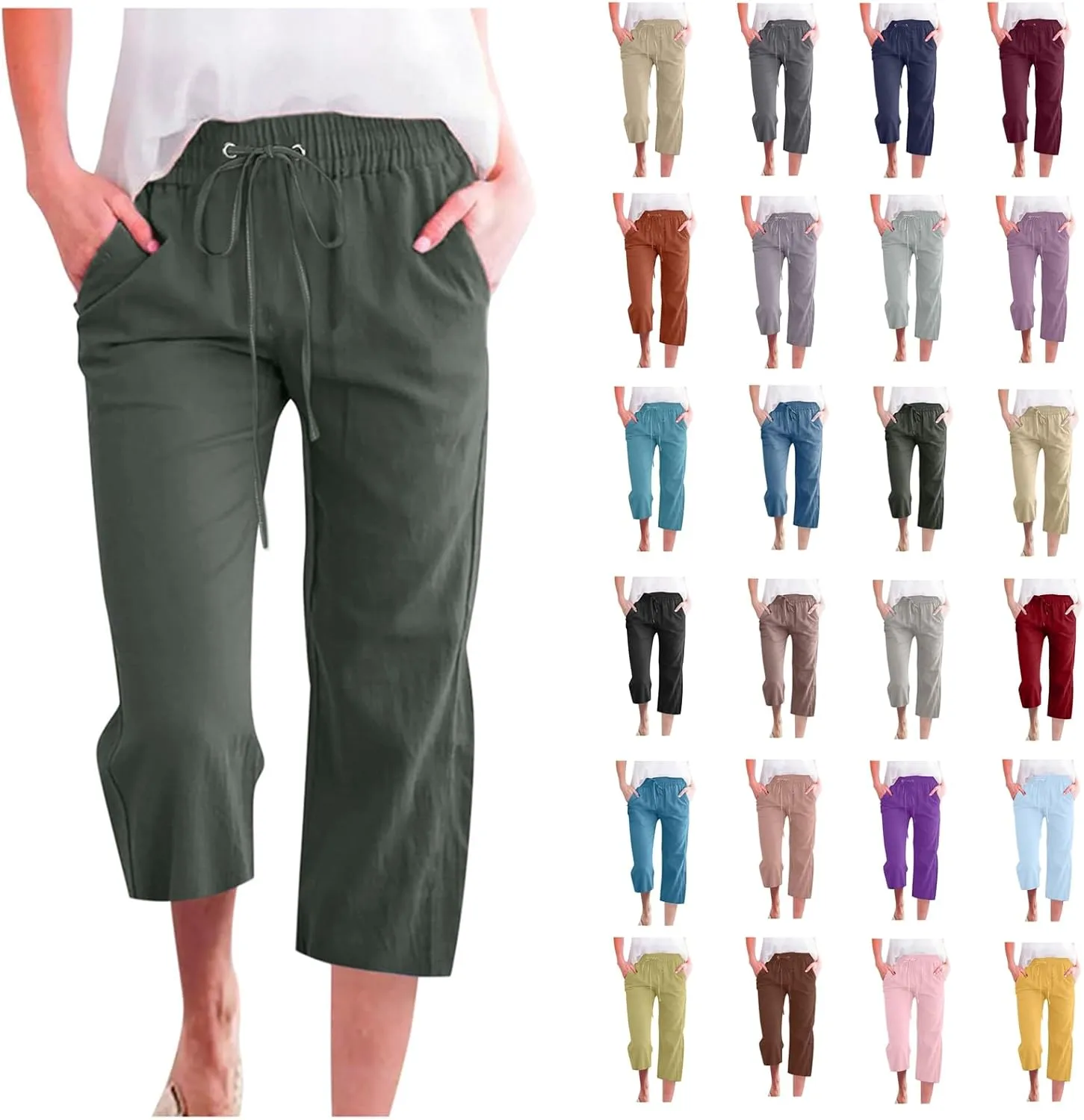 yardsong Linen Capris for Women Summer Casual Loose Fit Cropped Pants Drawstring Elastic Waist Lounge Pant with Pockets