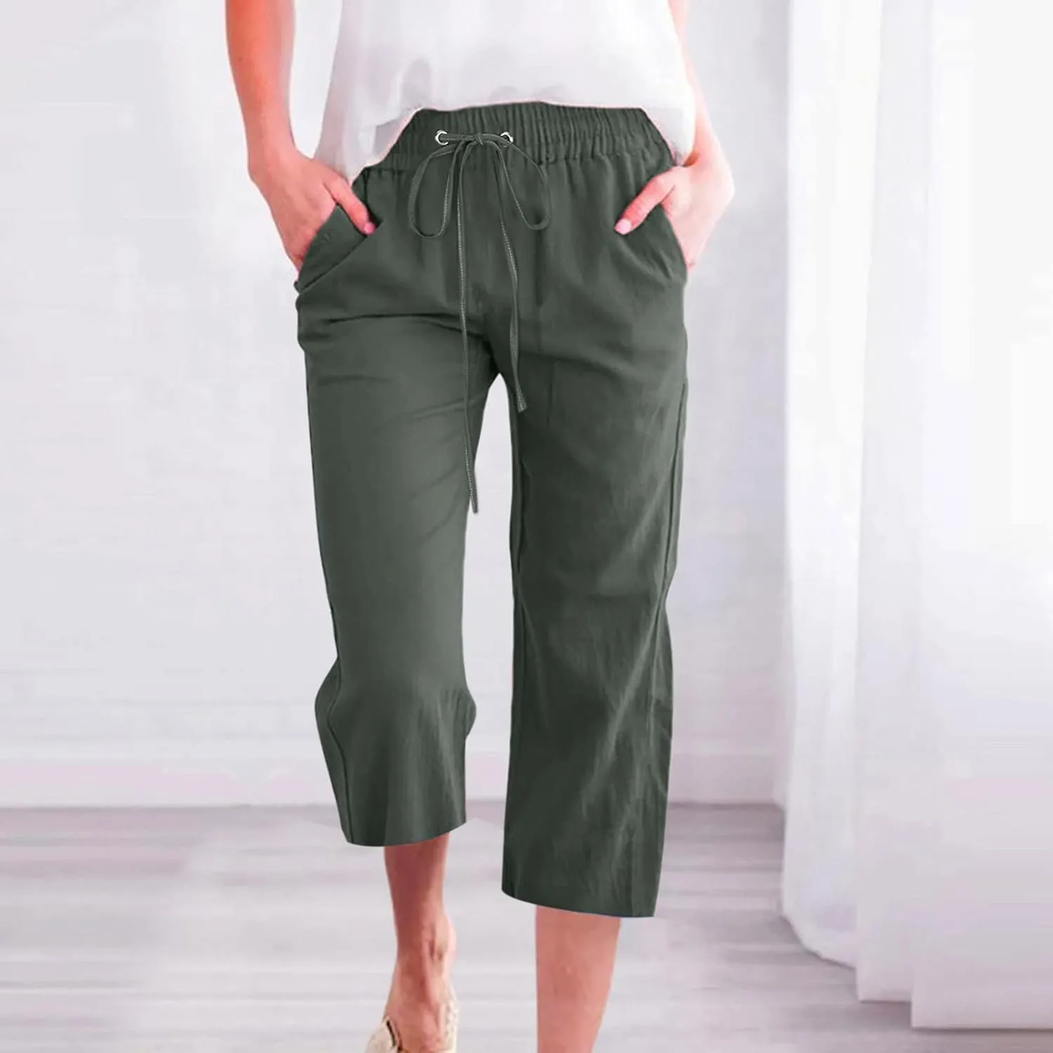 yardsong Linen Capris for Women Summer Casual Loose Fit Cropped Pants Drawstring Elastic Waist Lounge Pant with Pockets