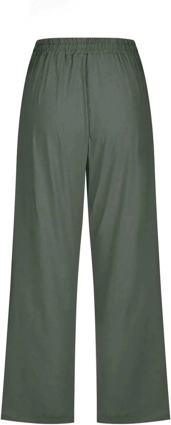 yardsong Linen Capris for Women Summer Casual Loose Fit Cropped Pants Drawstring Elastic Waist Lounge Pant with Pockets