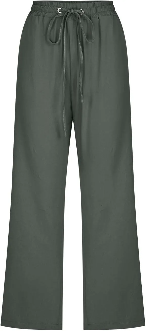 yardsong Linen Capris for Women Summer Casual Loose Fit Cropped Pants Drawstring Elastic Waist Lounge Pant with Pockets