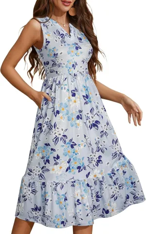 YATHON Womens Summer Sundress Notched Neck Slant A Line Tiered Midi Dresses with Pockets