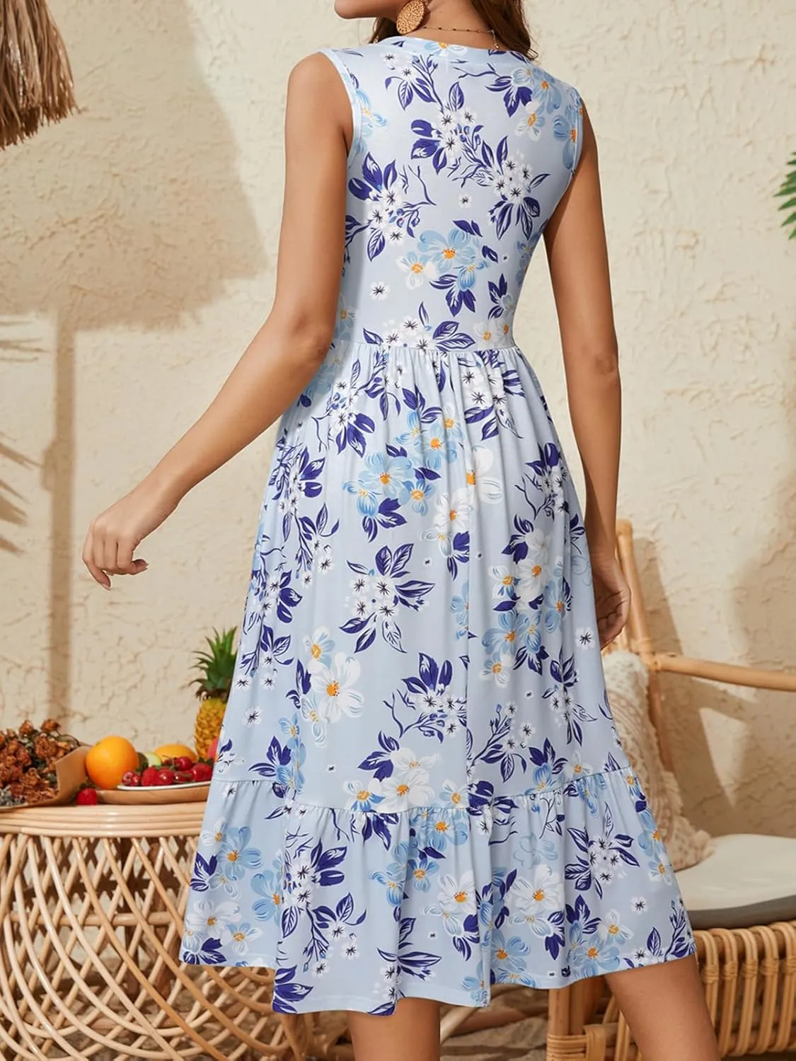 YATHON Womens Summer Sundress Notched Neck Slant A Line Tiered Midi Dresses with Pockets