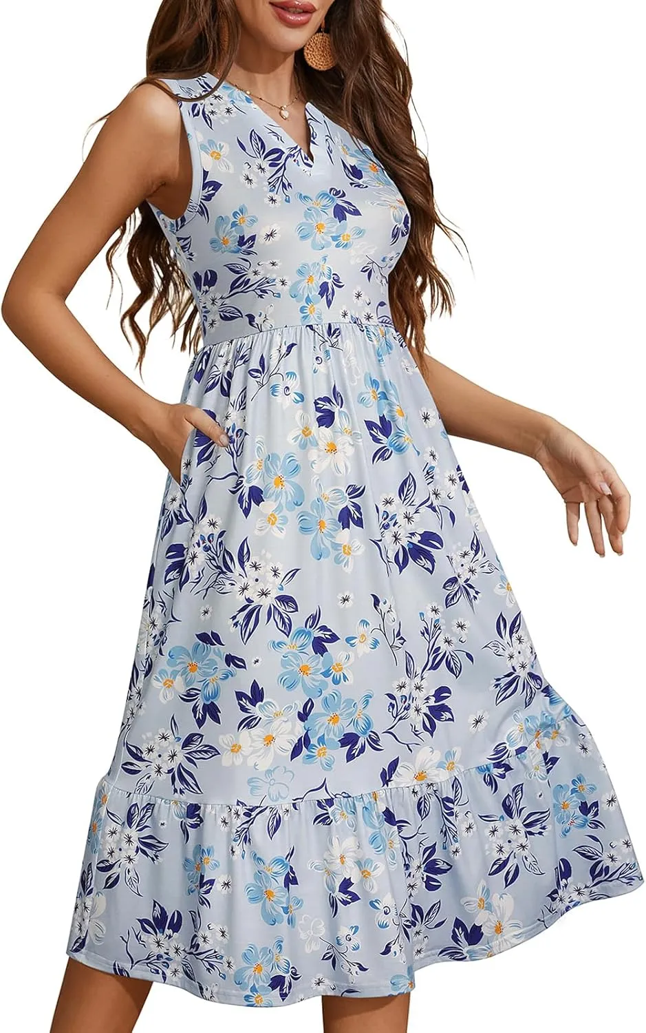 YATHON Womens Summer Sundress Notched Neck Slant A Line Tiered Midi Dresses with Pockets
