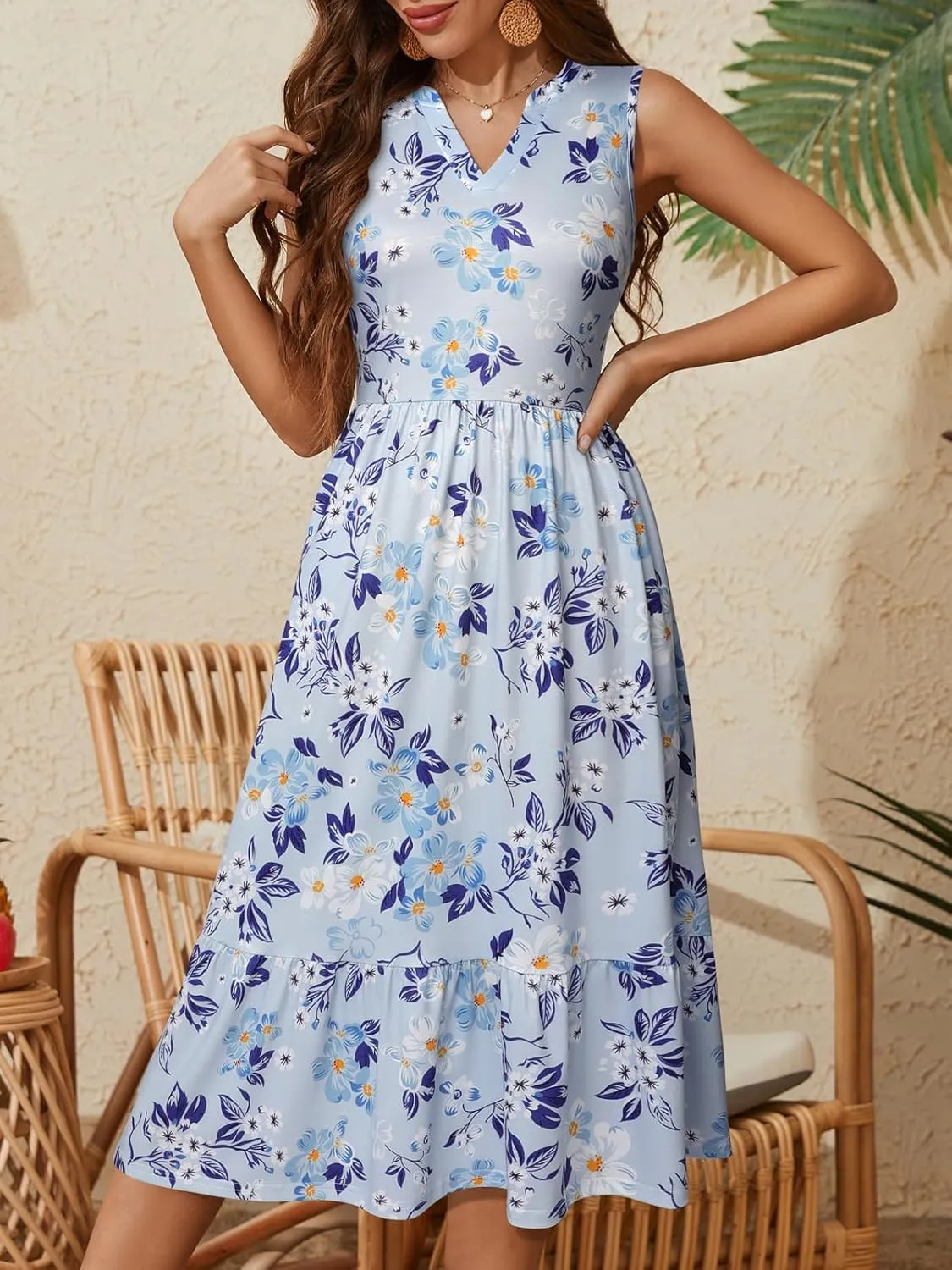 YATHON Womens Summer Sundress Notched Neck Slant A Line Tiered Midi Dresses with Pockets