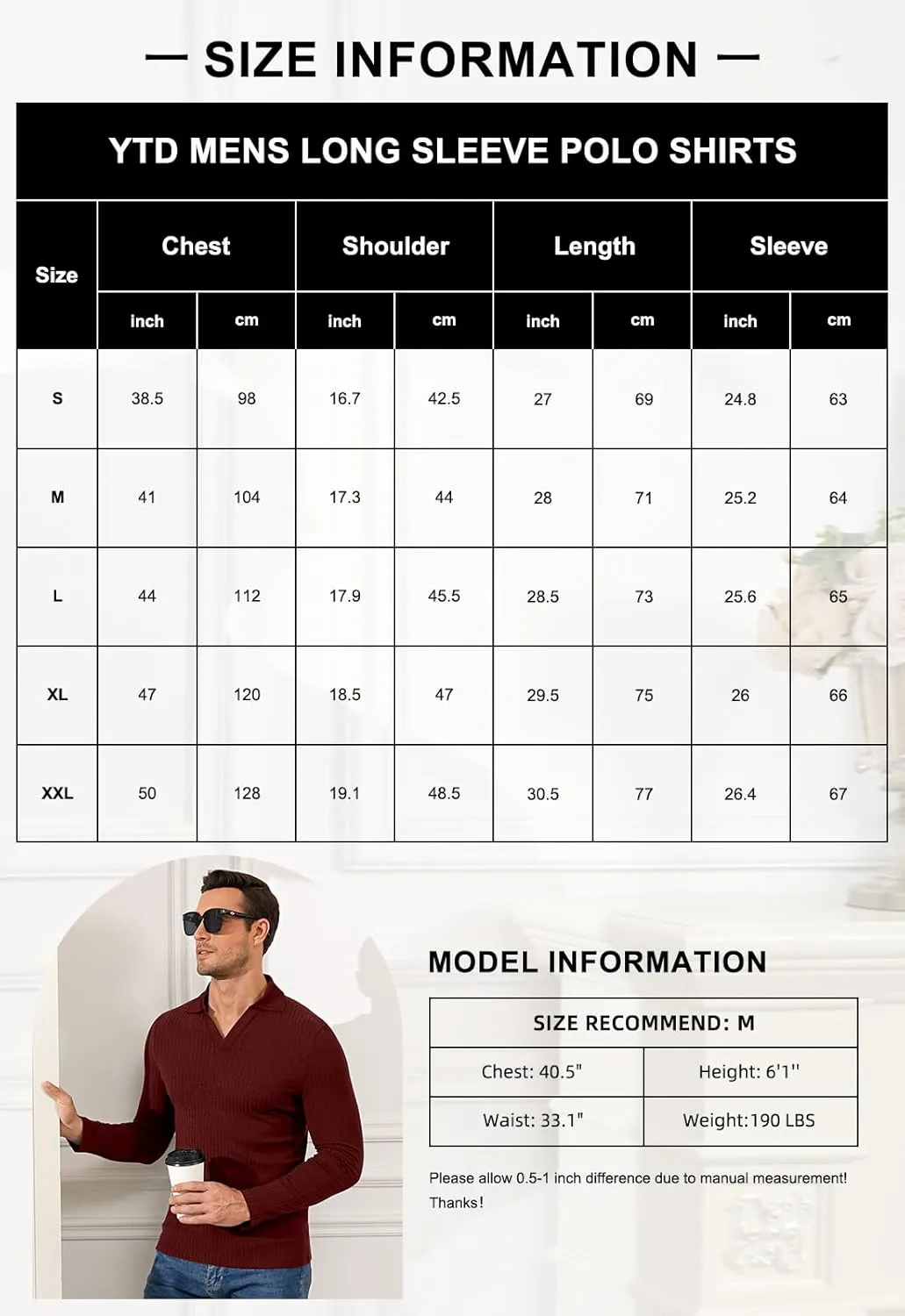 YTD Men's Muscle V Neck Polo Shirts Slim Fit Long Sleeve Golf T-Shirts Ribbed Knit Soft Casual Tees