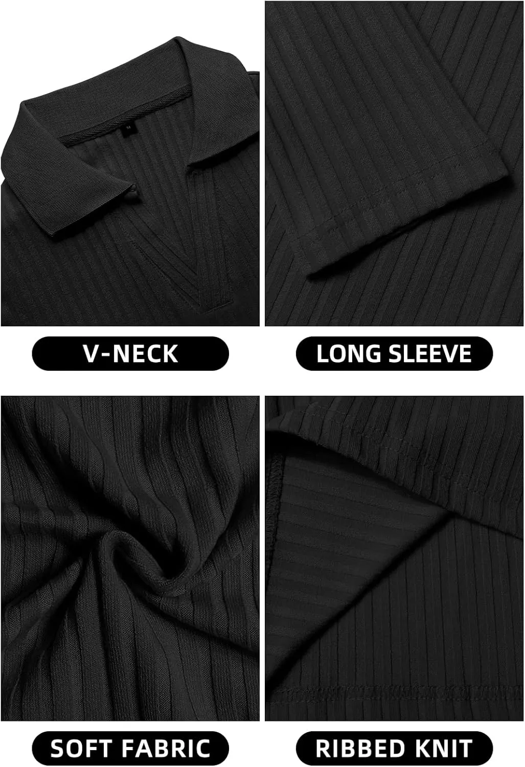 YTD Men's Muscle V Neck Polo Shirts Slim Fit Long Sleeve Golf T-Shirts Ribbed Knit Soft Casual Tees