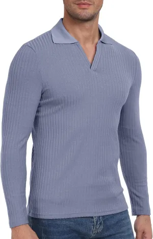 YTD Men's Muscle V Neck Polo Shirts Slim Fit Long Sleeve Golf T-Shirts Ribbed Knit Soft Casual Tees