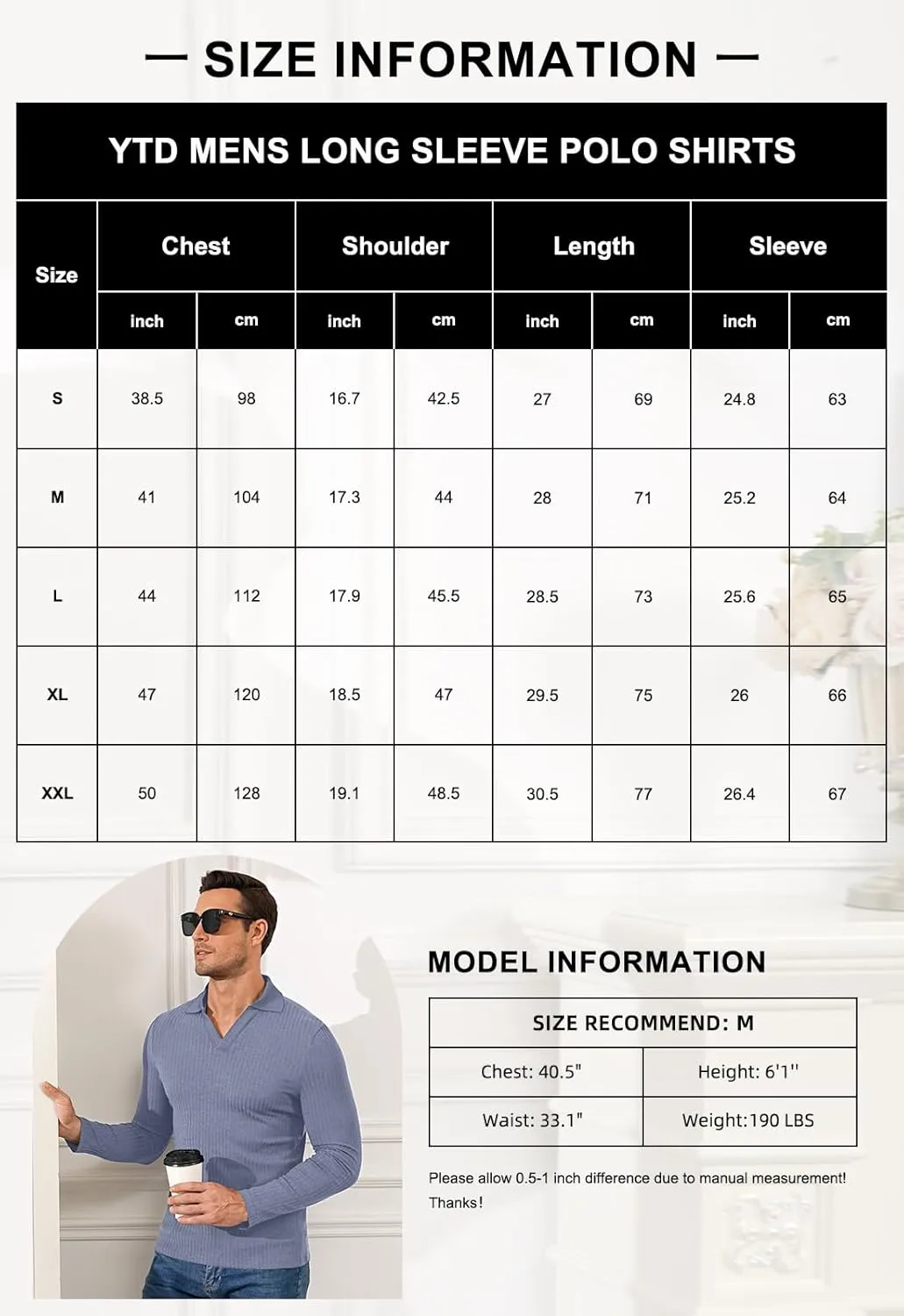 YTD Men's Muscle V Neck Polo Shirts Slim Fit Long Sleeve Golf T-Shirts Ribbed Knit Soft Casual Tees