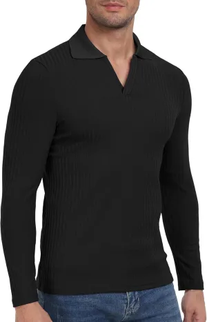 YTD Men's Muscle V Neck Polo Shirts Slim Fit Long Sleeve Golf T-Shirts Ribbed Knit Soft Casual Tees