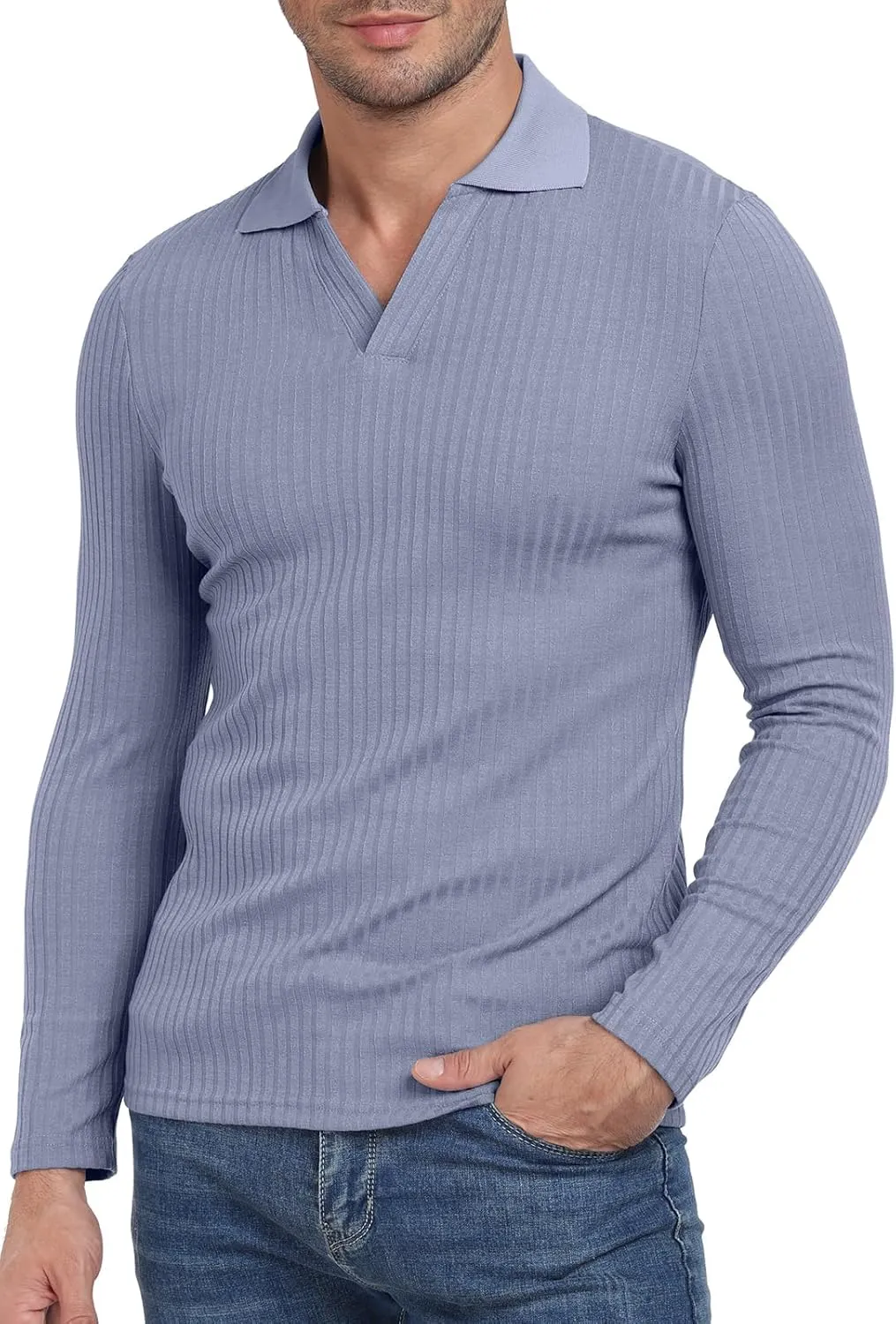 YTD Men's Muscle V Neck Polo Shirts Slim Fit Long Sleeve Golf T-Shirts Ribbed Knit Soft Casual Tees
