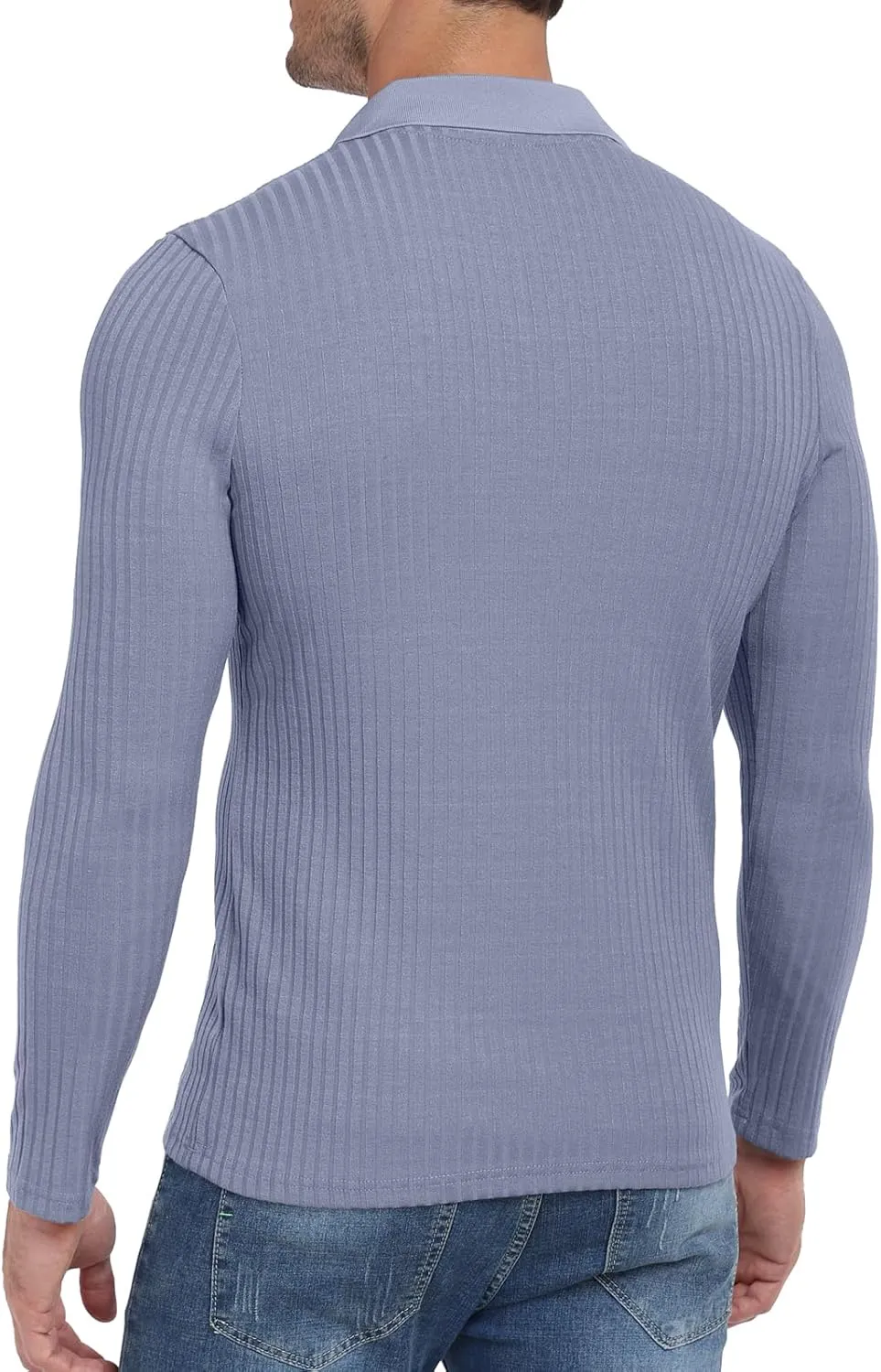YTD Men's Muscle V Neck Polo Shirts Slim Fit Long Sleeve Golf T-Shirts Ribbed Knit Soft Casual Tees