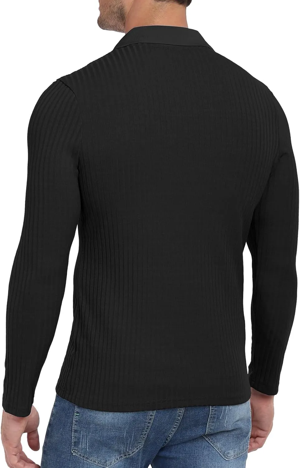 YTD Men's Muscle V Neck Polo Shirts Slim Fit Long Sleeve Golf T-Shirts Ribbed Knit Soft Casual Tees
