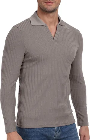 YTD Men's Muscle V Neck Polo Shirts Slim Fit Long Sleeve Golf T-Shirts Ribbed Knit Soft Casual Tees