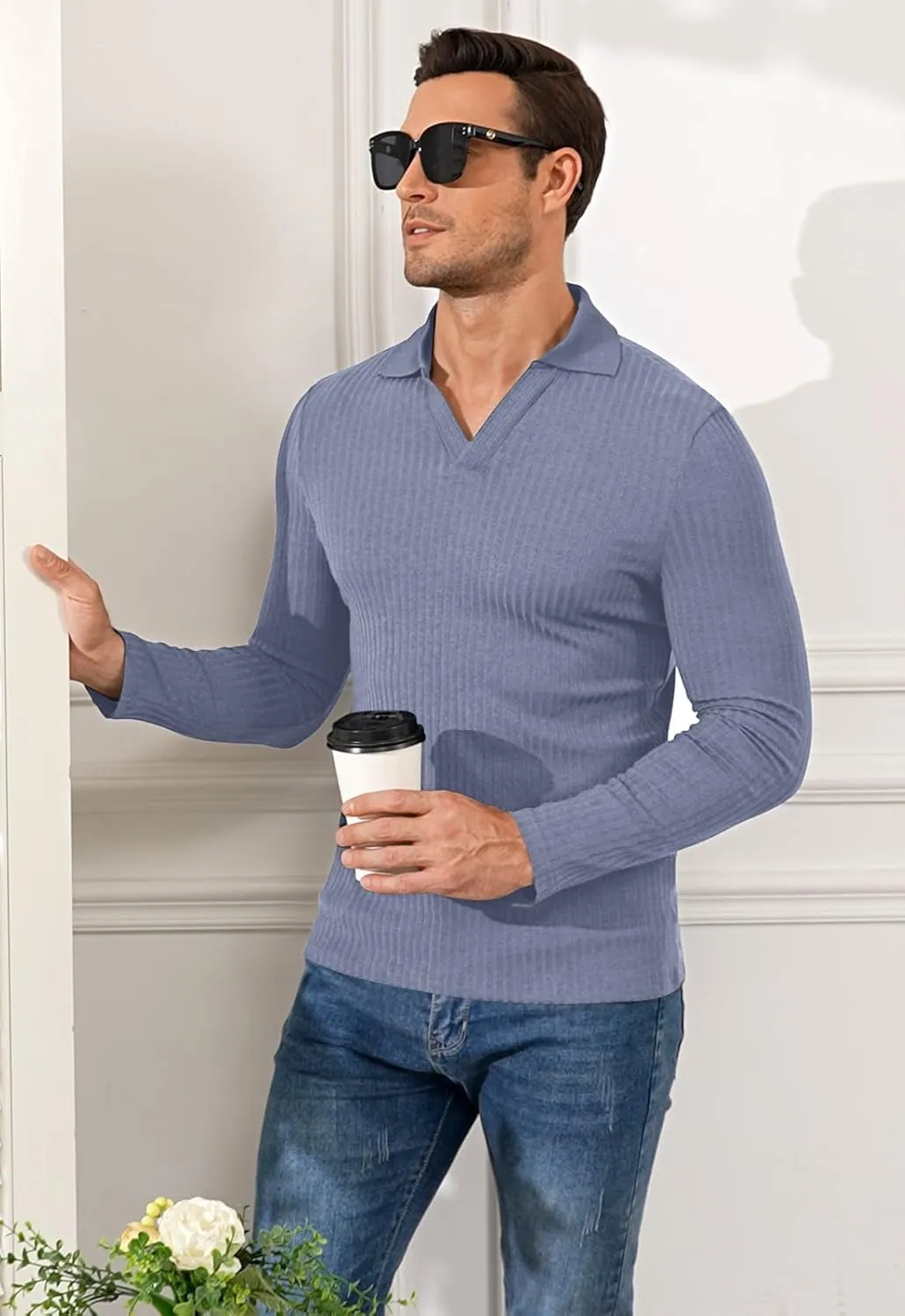 YTD Men's Muscle V Neck Polo Shirts Slim Fit Long Sleeve Golf T-Shirts Ribbed Knit Soft Casual Tees