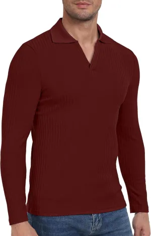 YTD Men's Muscle V Neck Polo Shirts Slim Fit Long Sleeve Golf T-Shirts Ribbed Knit Soft Casual Tees