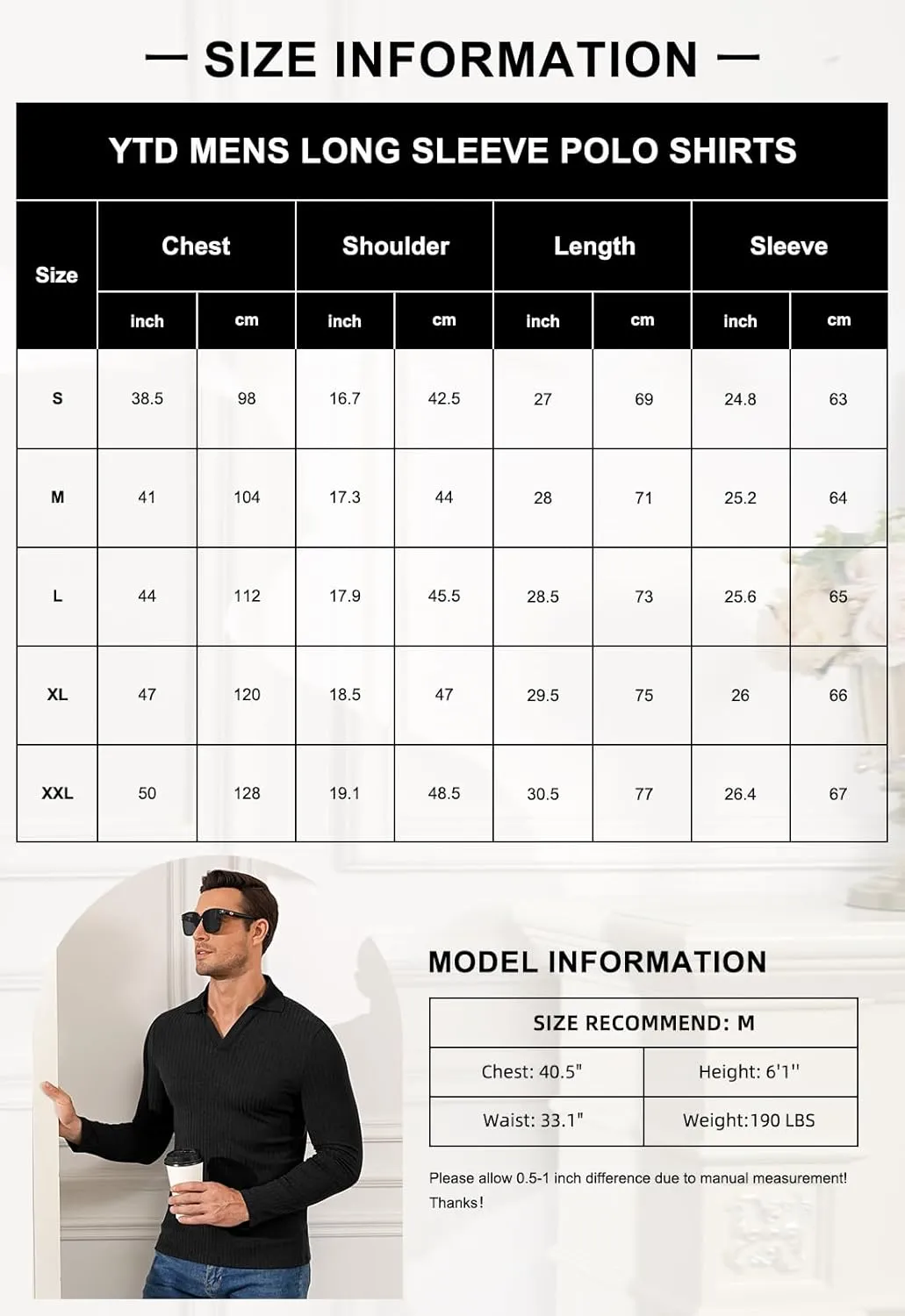YTD Men's Muscle V Neck Polo Shirts Slim Fit Long Sleeve Golf T-Shirts Ribbed Knit Soft Casual Tees