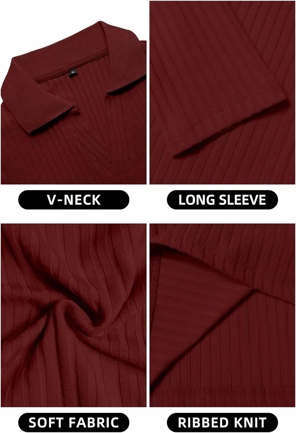 YTD Men's Muscle V Neck Polo Shirts Slim Fit Long Sleeve Golf T-Shirts Ribbed Knit Soft Casual Tees