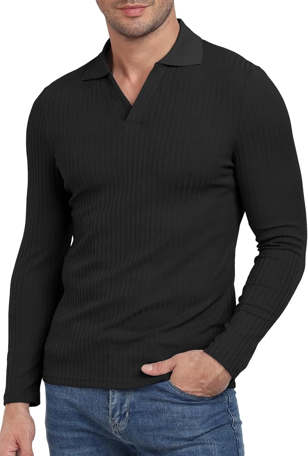 YTD Men's Muscle V Neck Polo Shirts Slim Fit Long Sleeve Golf T-Shirts Ribbed Knit Soft Casual Tees