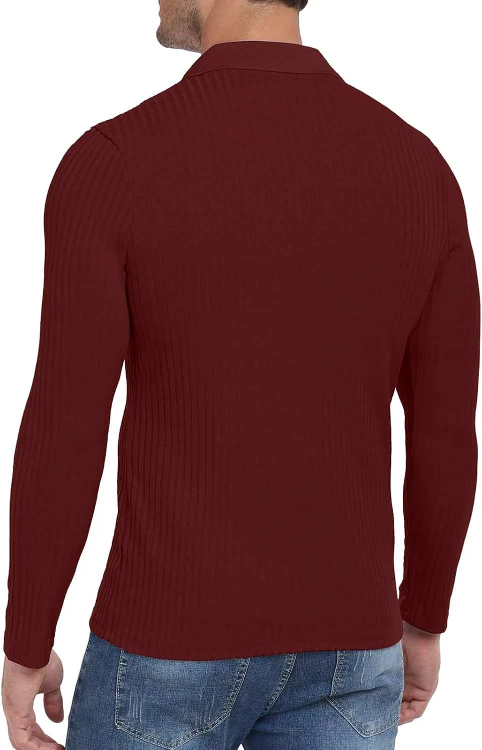 YTD Men's Muscle V Neck Polo Shirts Slim Fit Long Sleeve Golf T-Shirts Ribbed Knit Soft Casual Tees