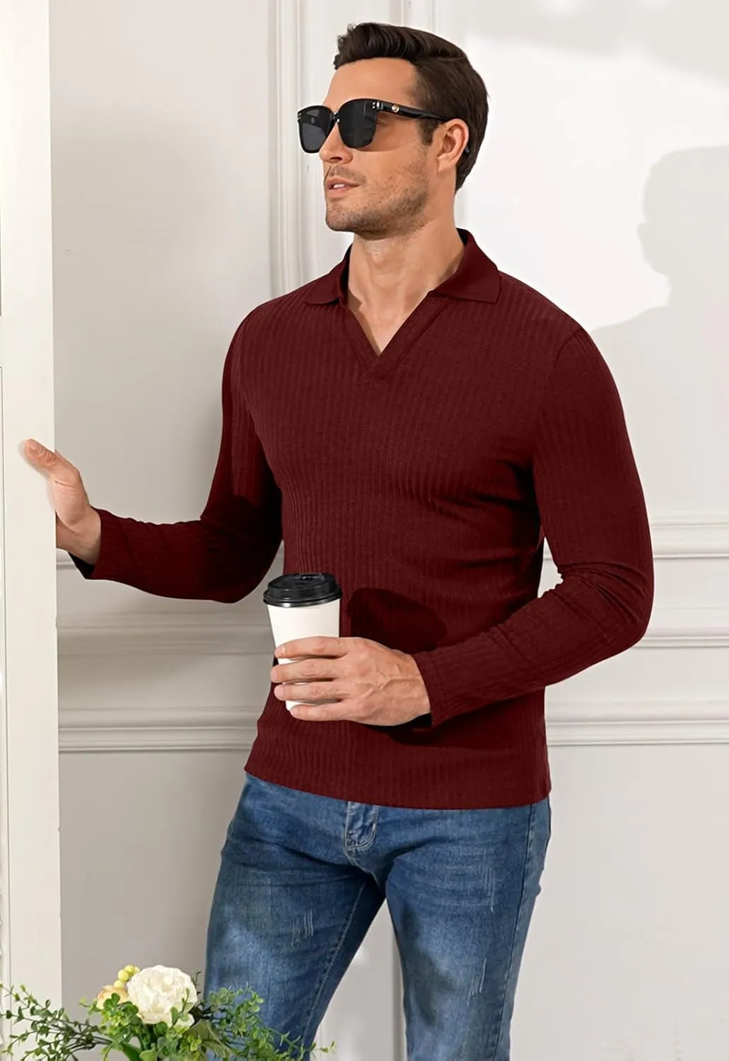 YTD Men's Muscle V Neck Polo Shirts Slim Fit Long Sleeve Golf T-Shirts Ribbed Knit Soft Casual Tees