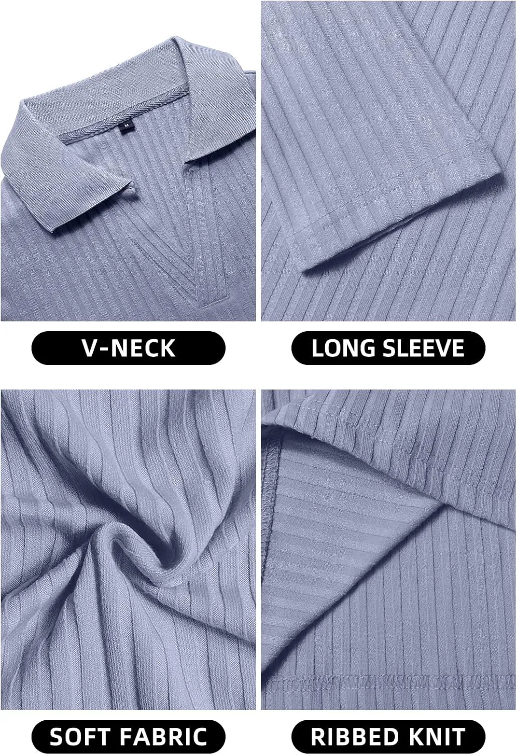 YTD Men's Muscle V Neck Polo Shirts Slim Fit Long Sleeve Golf T-Shirts Ribbed Knit Soft Casual Tees