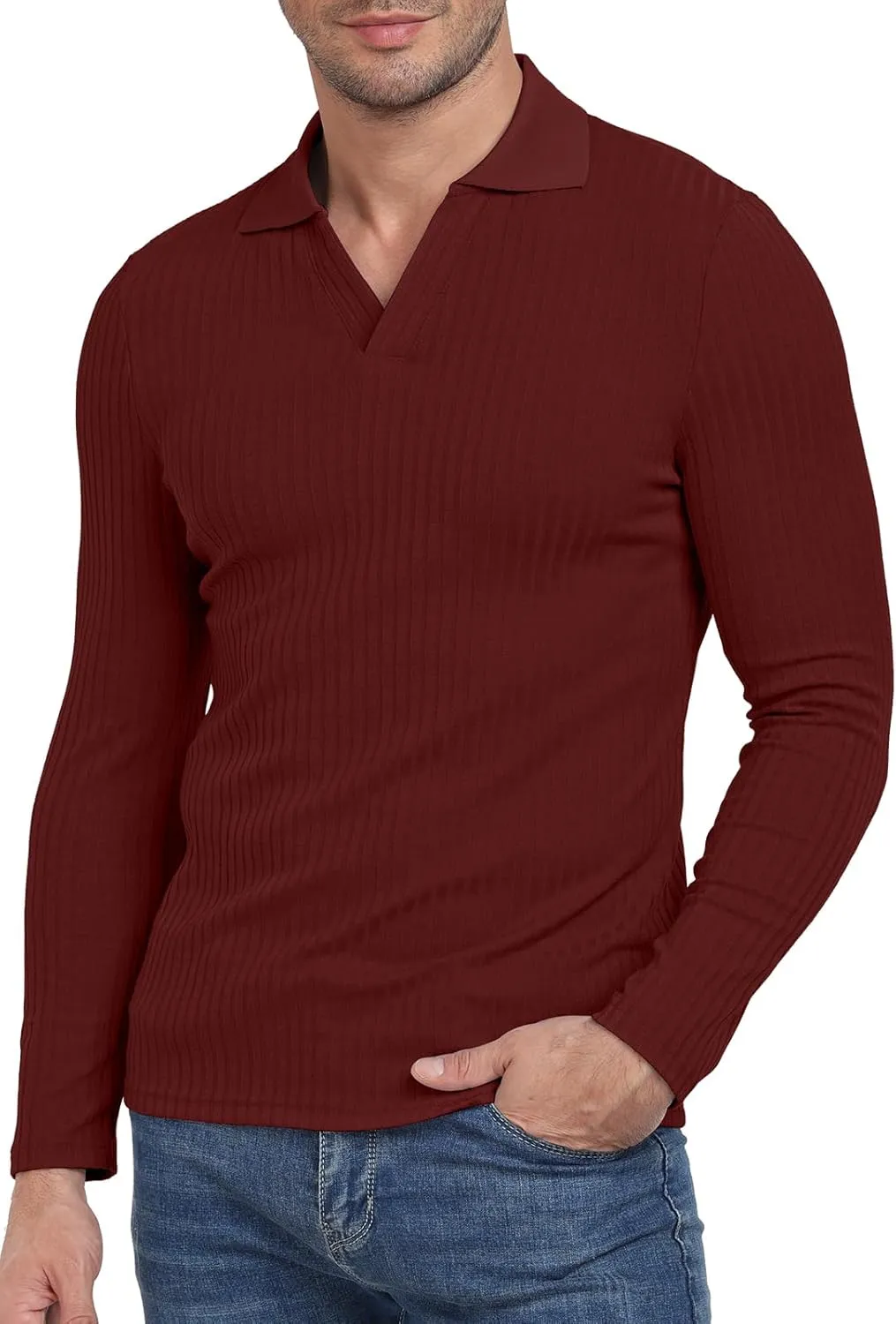 YTD Men's Muscle V Neck Polo Shirts Slim Fit Long Sleeve Golf T-Shirts Ribbed Knit Soft Casual Tees