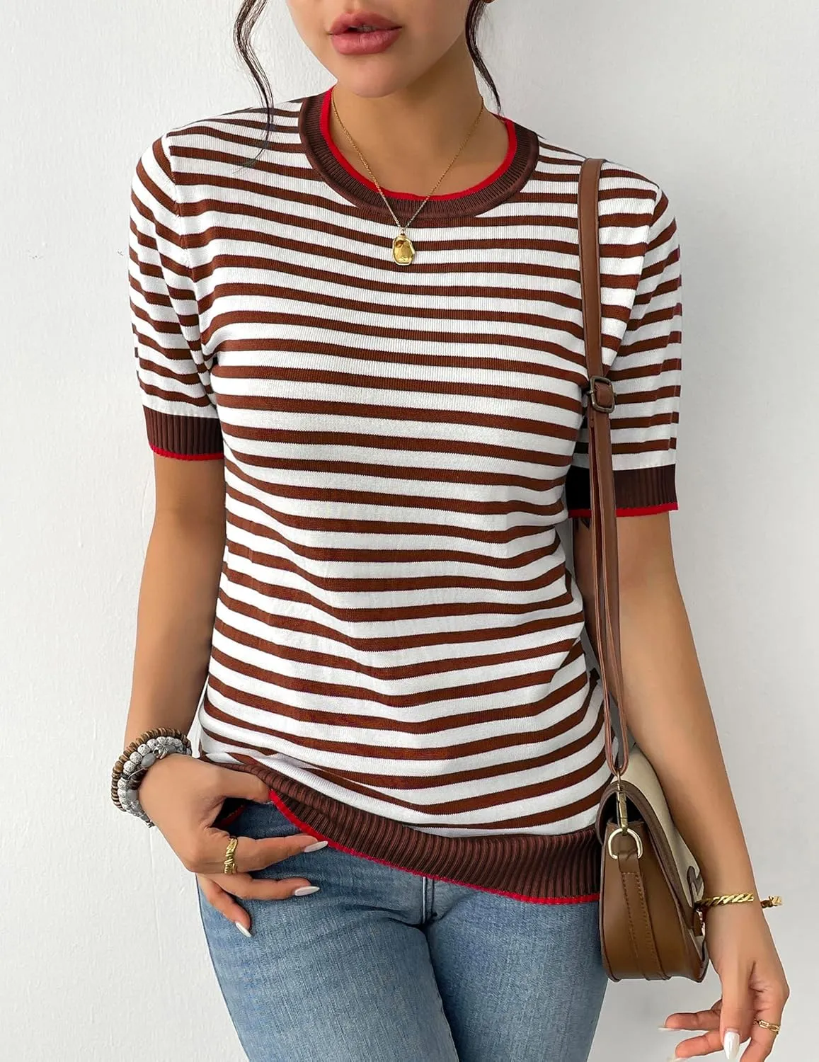 Zeagoo Womens Summer Tops Casual Short Sleeve Striped Sweater Shirt Crewneck Color Block Knit Blouses
